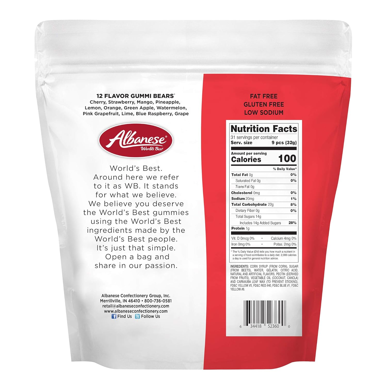 Albanese World's Best 12 Flavor Gummi Bears, 36oz Bag of Candy