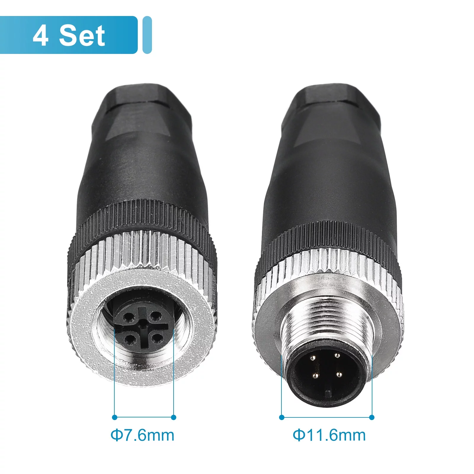4 Pin M12 Male & Female Aviation Wire Connector, 4 Set Waterproof IP67 Circular Connector for Instruments Computer