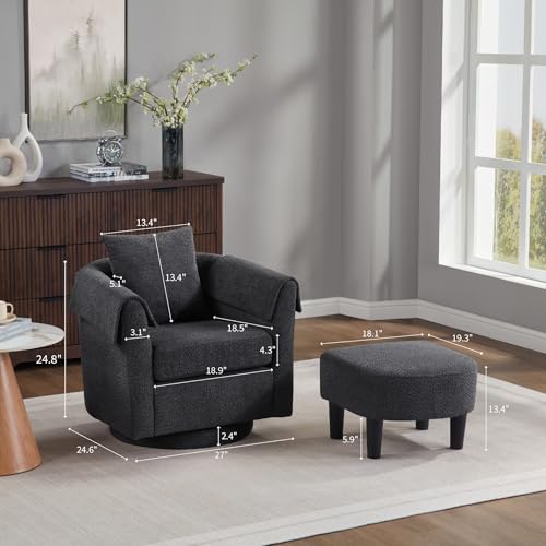 FLEXISPOT Swivel Accent Chair with Ottoman – Modern Chenille Barrel Armchair with Removable Back Pillow & Armrest Covers for Living Room, Bedroom, or Office, Black