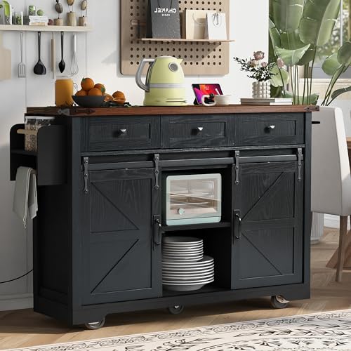 Farmhouse Kitchen Island with Power Outlet, 2 Sliding Barn Door Kitchen Storage Island with Drop Leaf, Spice Rack Rolling Kitchen Cart on Wheels, for Home, Kitchen and Dining Room