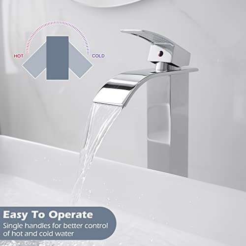 BWE Vessel Sink Faucet Modern Waterfall Chrome Single Hole Bathroom Faucet Single Handle with Pop up Drain Without Overflow Assembly Vanity Basin Bath Sink Faucets Mixer Tap