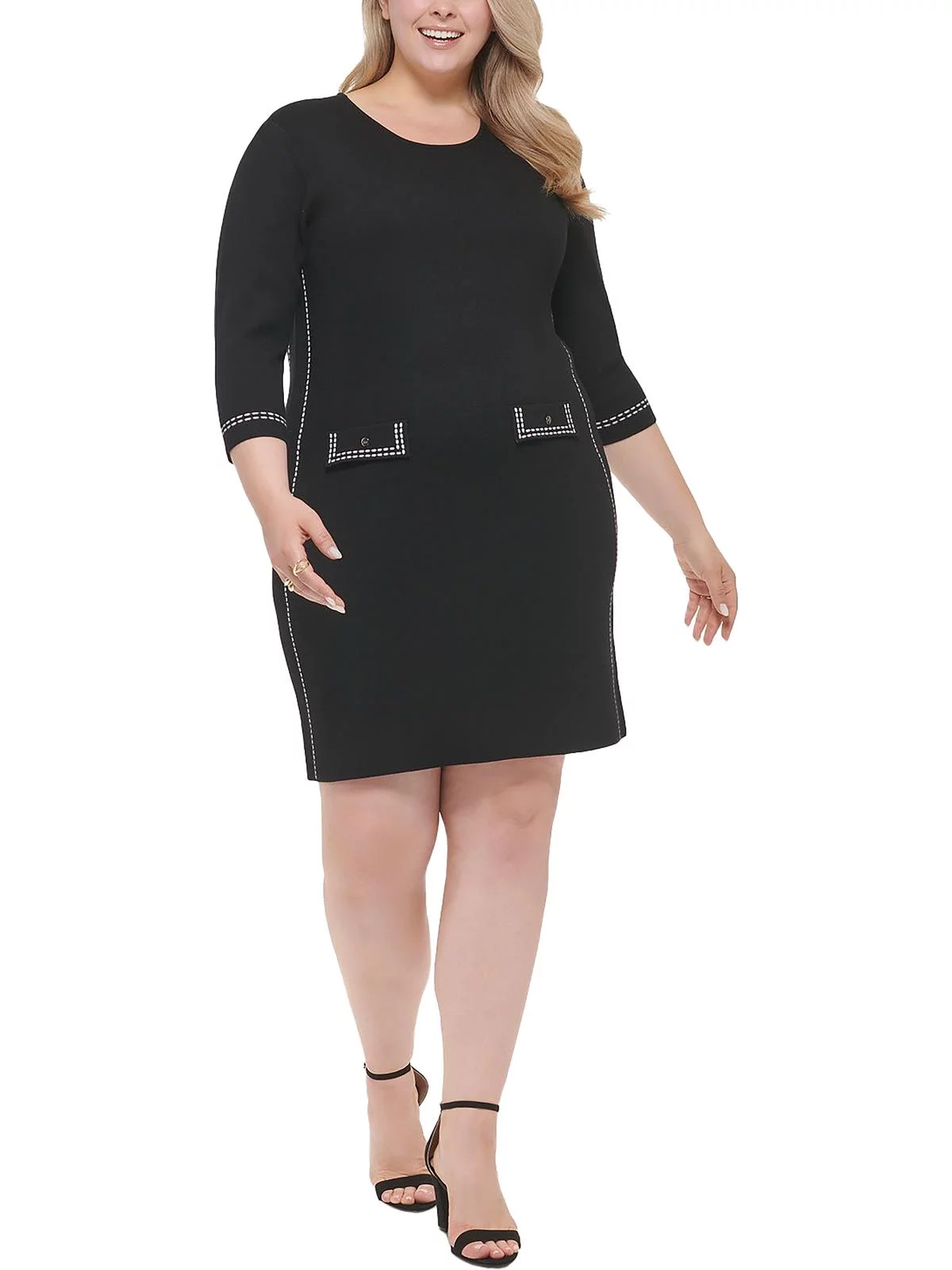 DKNY Womens Plus Contrast Trim Mini Sweaterdress