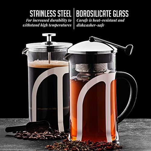 OVENTE French Press Coffee Maker, 34oz Heat Resistant Borosilicate Glass, BPA-Free Brewing Pot with 4-Level Filter System and Stainless Steel Plunger for Cold Brew Coffee, Tea and More, Clear FGC34T