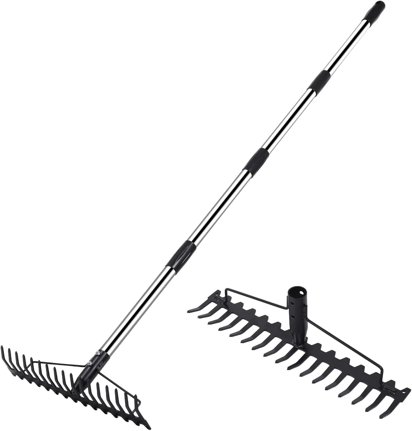 Garden-Rake, 62-Inch Metal Bow Rakes for Leaves Lawns Heavy Duty, 17 Steel Tines Metal Head Rake Tool
