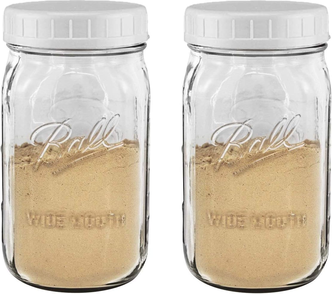 EASY-BUSY Kitchen Combo of Ball 32 oz.-Quart Clear Glass Mason Canning Jar, With EB White Food Storage Plastic Lids Set of 2, Wide Mouth Caps fit WM Ball & Kerr jars & Containers, Reusable, BPA Free,