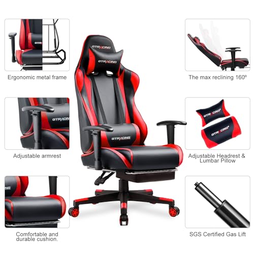 GTRACING Gaming Chair with Footrest, Ergonomic Computer Game Desk Chair, Reclining Game Chair Seat Height Adjustment, Swivel Rocker with Headrest and Lumbar (Blue)