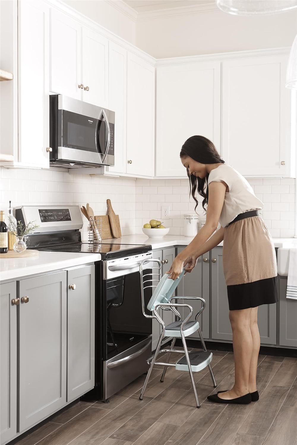 Cosco Stylaire Retro Chair + Step Stool with Flip-Up Seat, Teal and White