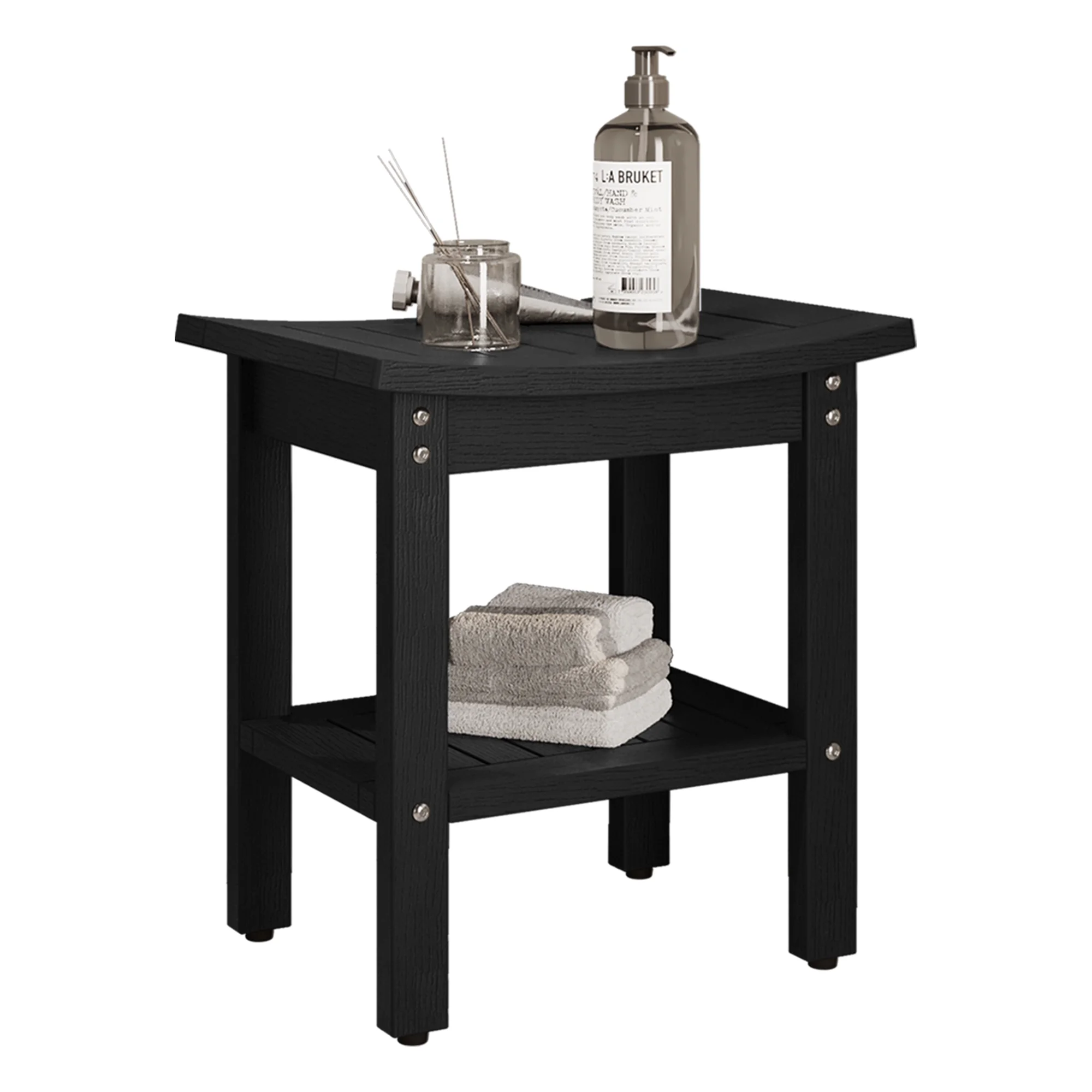 Dextrus Poly Lumber Shower Bench with Storage Shelf, Waterproof Shower Chair Wooden Spa Bath Organizer Seat Stool for Inside Shower, Bathroom Bench Seat for Indoor or Outdoor - Black