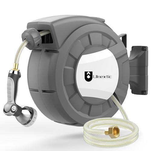 Ulnextic Retractable Garden Hose Reel,1/2 in x 110 ft Wall Mounted Hose Reel, Any Length Lock/Slow Return System/Wall Mounted/180°Swivel Bracket