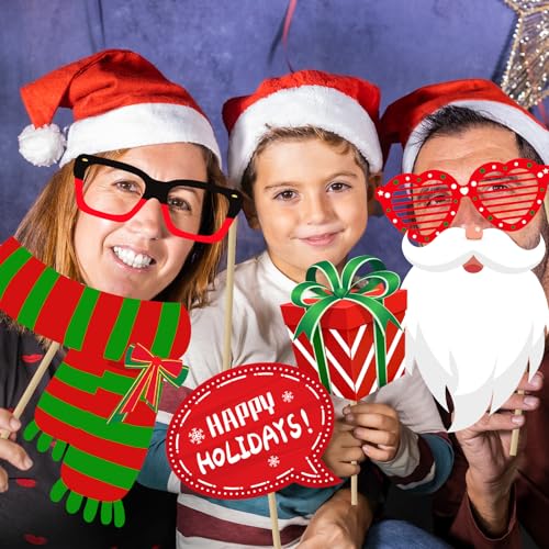 Christmas Photo Booth Props,40Pcs Christmas Party Decorations Photo Props Funny Xmas Holiday Photo Booth Props& Backdrop for Xmas Party Photoshoot