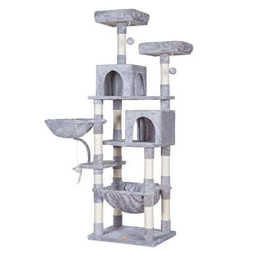 Heybly Cat Tree with Toy, Cat Tower condo for Indoor Cats, Cat House with Padded Plush Perch, Cozy Hammock and Sisal Scratching Posts, Light Gray HCT004SW