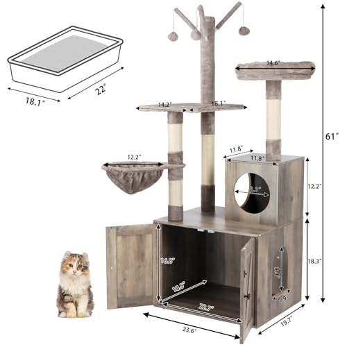 Cat Tree Tower with Litter Box Enclosure, 2-in-1 Wooden Cat Condo with Sisal Scratching Post, Hammock, Brown