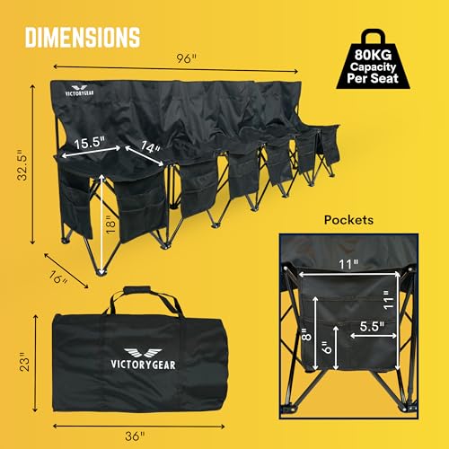 Portable Soccer Bench – 6 Seat Folding Team Chair with 8 Pockets & Carrying Bag – Lightweight Sideline Seating for Soccer, Baseball, Camping, Outdoor Events