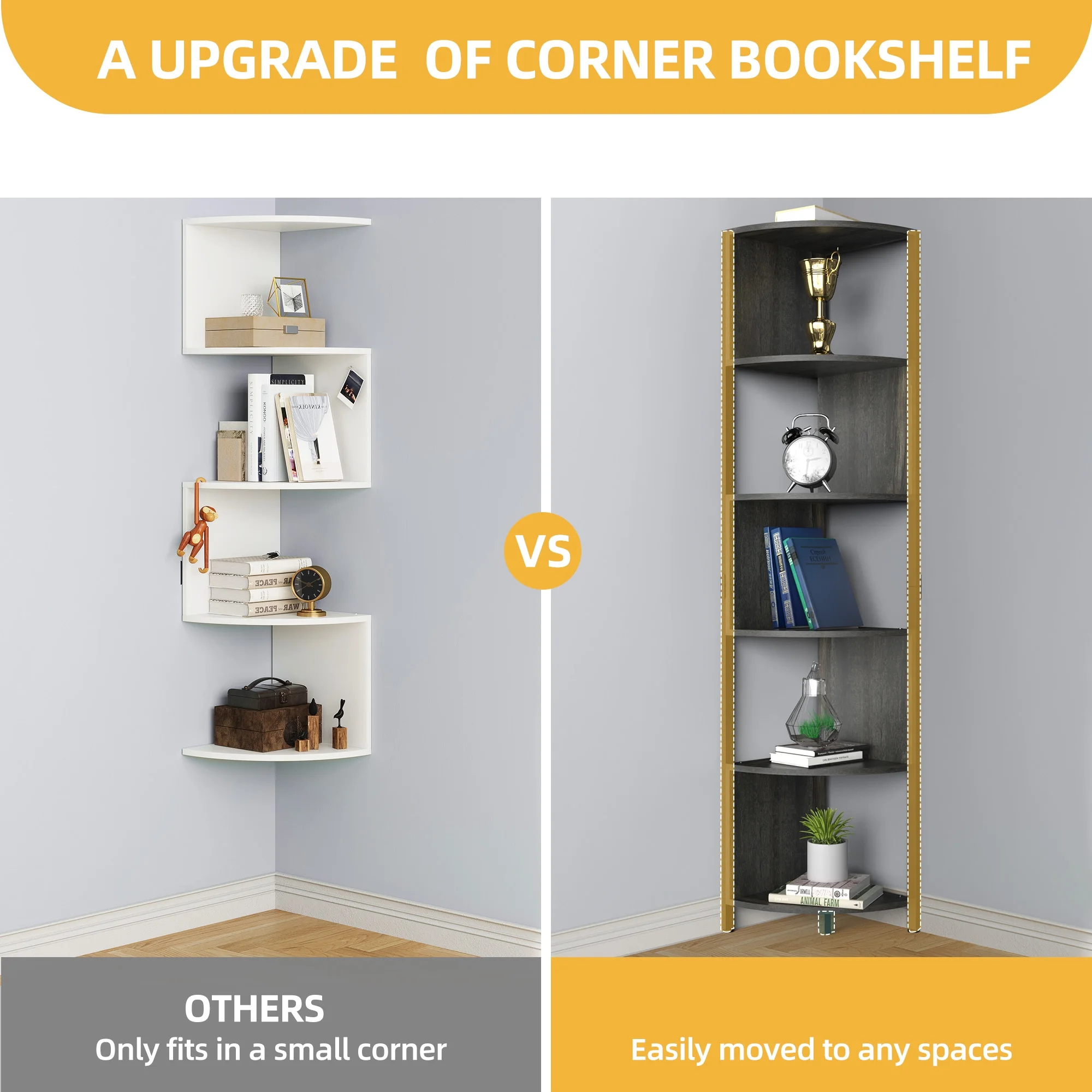 DWVO 6-Tier Industrial Corner Shelf Freestanding Corner Bookcase Display Book Shelves for Bedroom Living Room