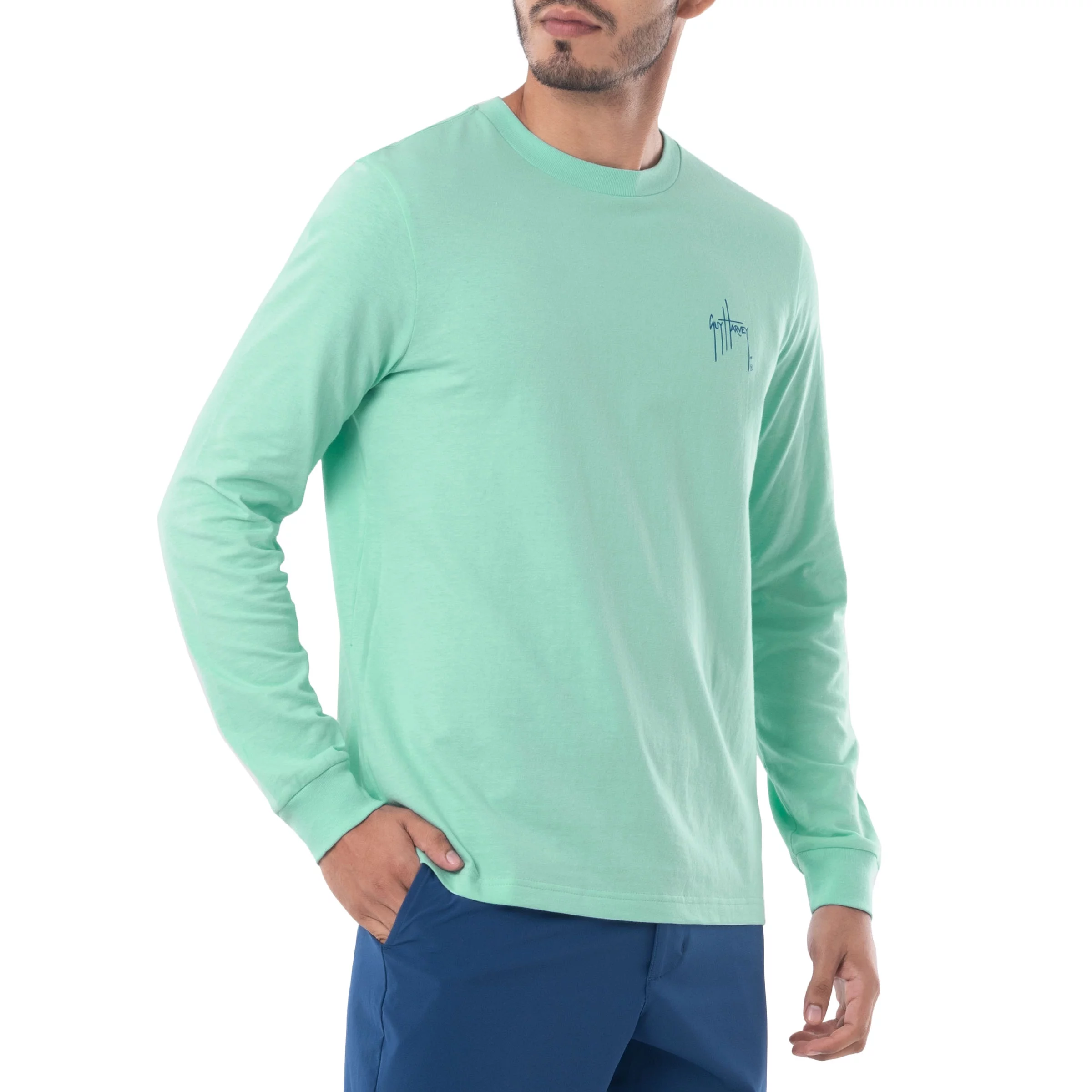 Guy Harvey Men's Ea Marlin Long Sleeve Sun Protection UPF 50+ Top - Beach Glass Small