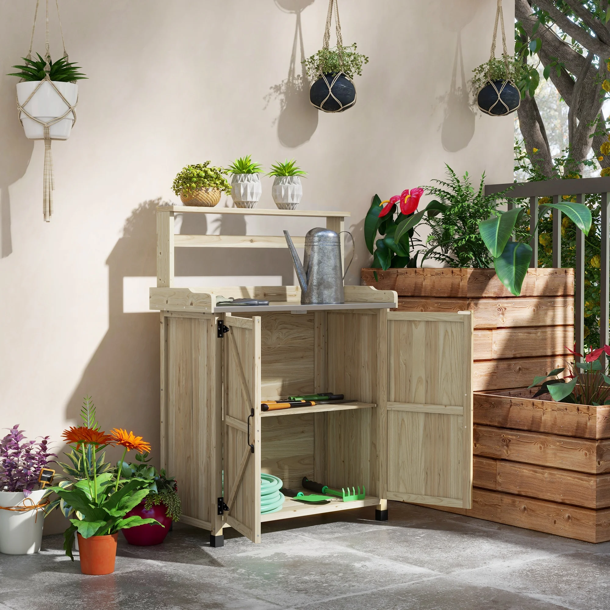 Outsunny Potting Bench with Storage Cabinet, Shelf for Backyard