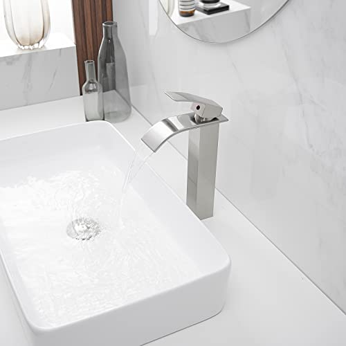 BWE Vessel Sink Faucet Modern Waterfall Chrome Single Hole Bathroom Faucet Single Handle with Pop up Drain Without Overflow Assembly Vanity Basin Bath Sink Faucets Mixer Tap