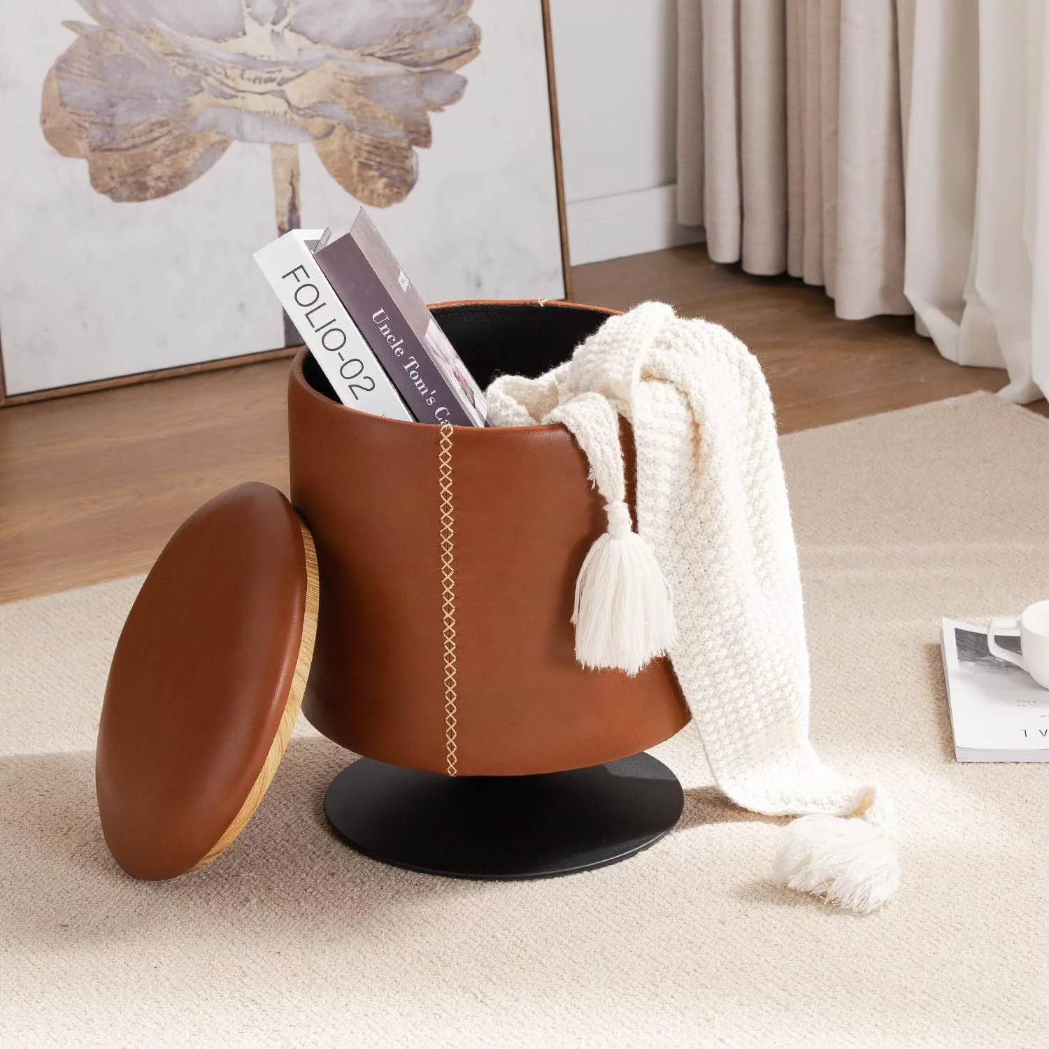 Storage Ottoman,Ottoman with Storage for Living Room,Faux Leather Round Ottoman,Ottoman Coffee Table and Ottoman Foot Rest with Metal Rotatable Chassis (Brown)