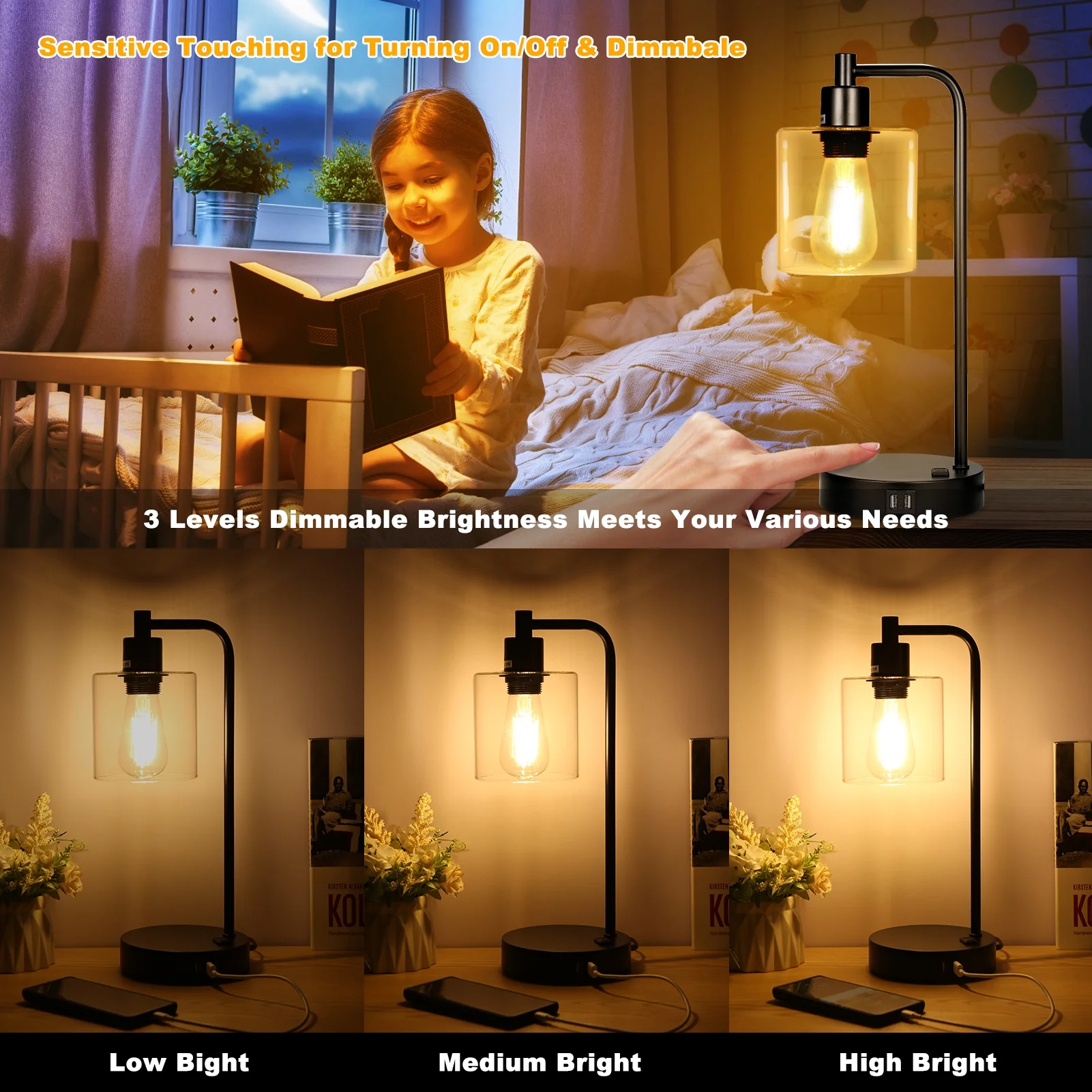 2-Pack Industrial Touch Control Table Lamp with 2 USB Ports and 1 AC Power Outlet, 3-Way Dimmable Bedside Nightstand Reading Lamps with Glass Shade for Bedroom Living Room Office 2 LED Bulbs Included