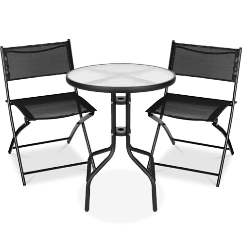 Best Choice Products 3-Piece Patio Bistro Dining Furniture Set w/Glass Tabletop, 2 Folding Chairs, Steel Frame, Polyester Fabric - Gray