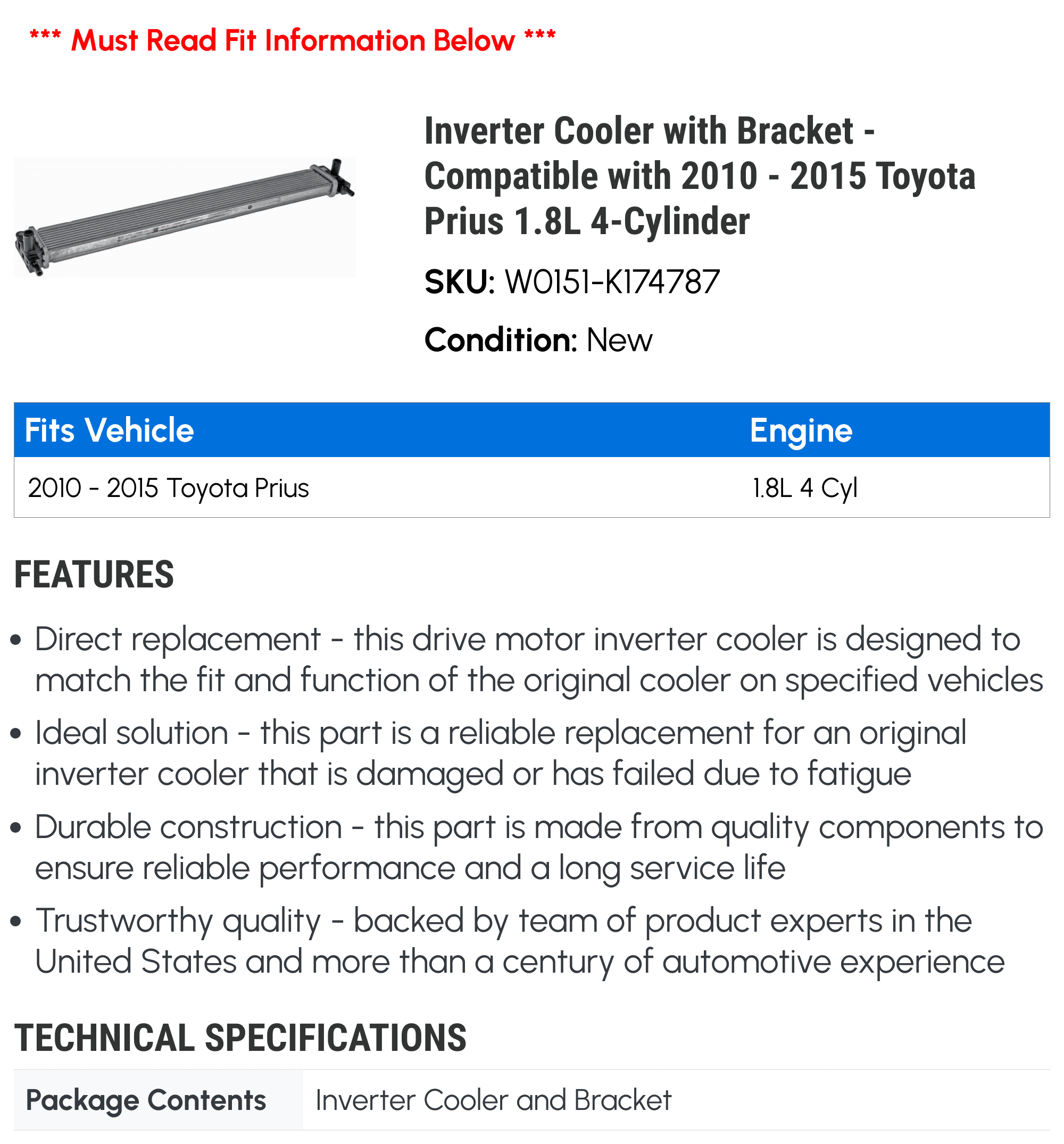 Inverter Cooler with Bracket - Compatible with 2010 - 2015 Toyota Prius 1.8L 4-Cylinder 2011 2012 2013 2014
