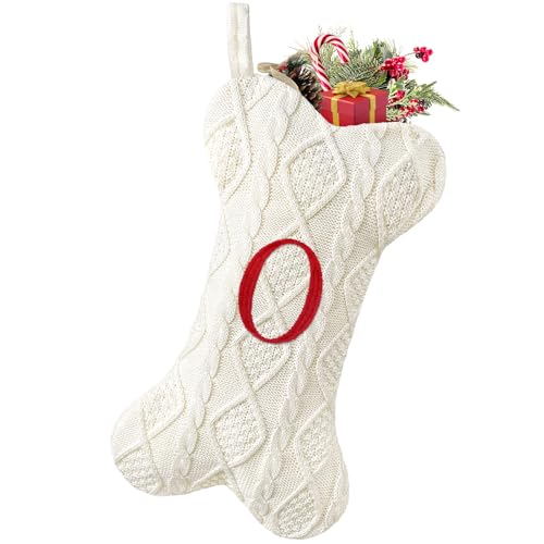 Malier Dog Christmas Stocking with Initials, Letter A Embroidered Knit Christmas Stocking for Dogs, White Large Bone Shape Xmas Pet Stockings Hanging Stocking for Dogs Cats Pets (White, Letter-B)
