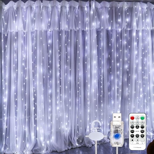 600LED Curtain Lights for Bedroom, 19.6ft x 9.8ft Fairy Curtain String Light with 24 Hooks, 8 Modes Hanging Lights for Wedding, Party, Backdrop, Window, Xmas Decor, Warm White