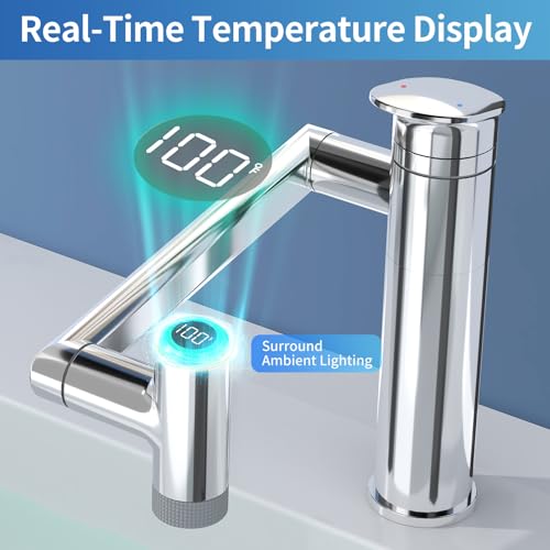 SINGSUO 1080°Rotatable Bathroom Vanity Faucet 1 Hole, Height Adjustable Single Handle Sink Faucet Bathroom with 2 Water Outlet Modes, Bar Sink Tap Single Hole with Temperature Display (Black)