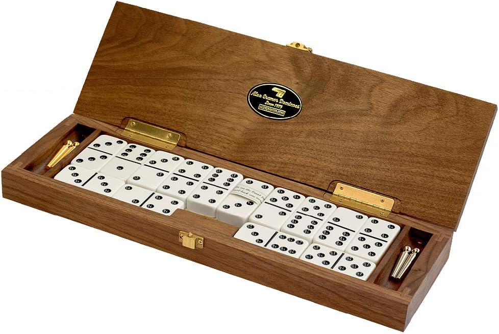 Le Club Luxury Domino Set with Handcrafted Walnut Case and Cribbage / Counter Top - Tournament Quality 28 Indestructible (Domino Set with Brass Plate)