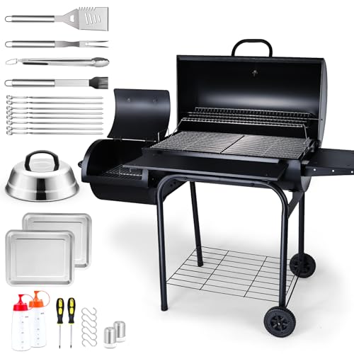 Charcoal Grill Offset Smoker（Grill + BBQ Tools）, Joyfair Large Barrel Grill with 770Sq.In. Cooking Space for 8-10 People Cooking, Heavy Gauge Steel & & Basic Accessories, Adjustable charcoal tray