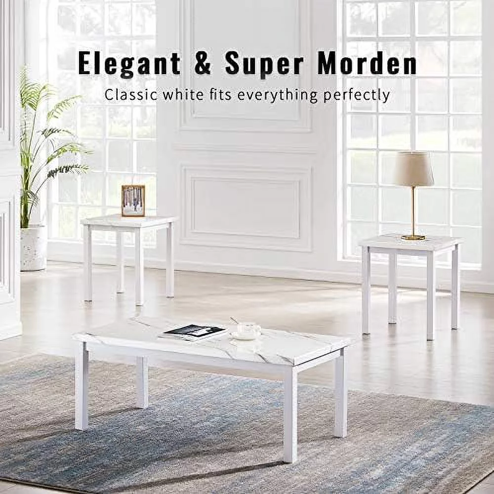 Living Room 3-Piece Set With Marble-Looking Top-Includes Coffee 2 End Tables, 42.1