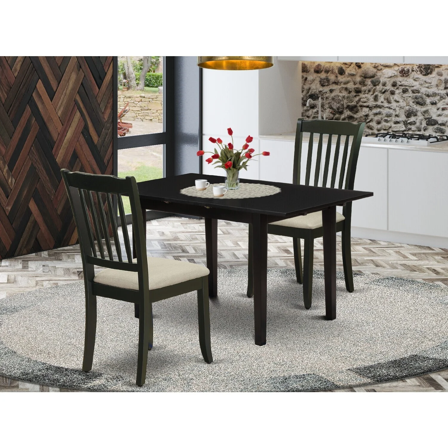 HomeStock Coastal Cool 3-Pc Kitchen Table Set 2 Wood Dining Chair With Slatted Back And A Linen Fabric Seat And Butterfly Leaf Dining Table With Rectangular Top And 4 Legs- Black Finish
