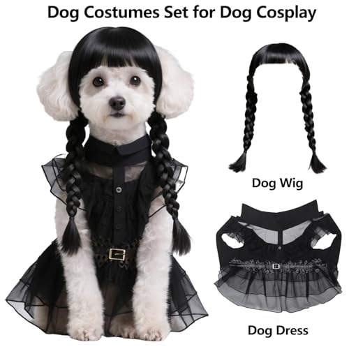 3pcs Dog Costume for Medium Dogs Puppy Clothes with Wig and Belt Black Pet Dog Dress Outfit for Dogs Cats Cosplay Halloween Birthday Party AN002M
