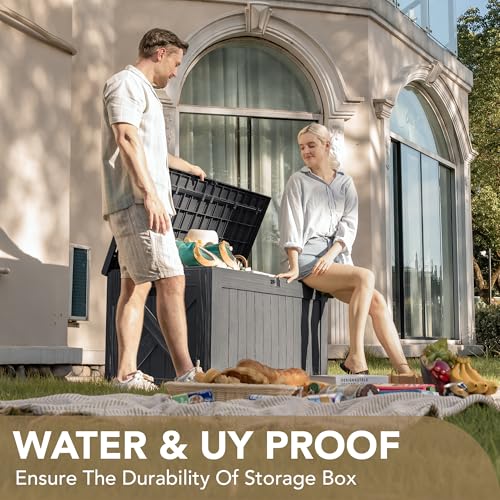 Devoko 120 Gallon Deck Box Resin Outdoor Storage Box Waterproof for Patio, Large Outdoor Storage Bench Lockable for Outside (Black)