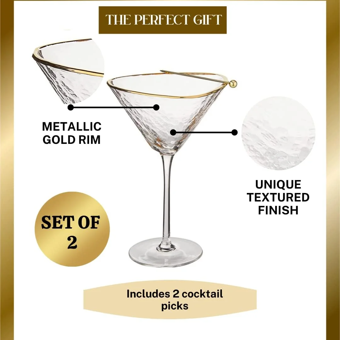 Iridescent Handmade Hammered Martini Glasses With Rim - Set Of 2 Rim Martini Glasses And 2 -Plated Cocktail Picks. Celebrate Life One Glass At A Time