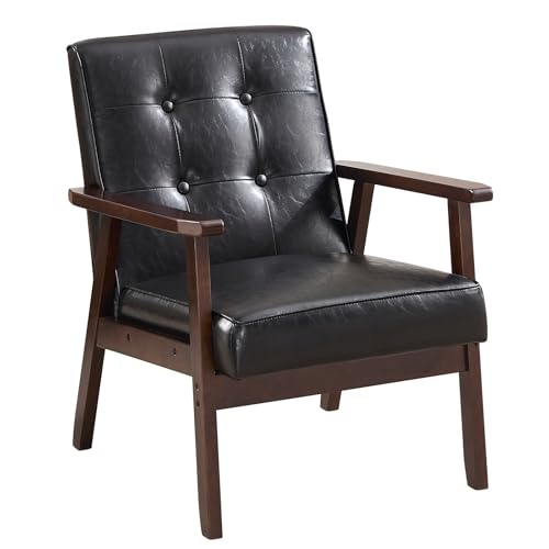 ANJ Mid Century Modern Accent Chair, Tufted Fabric Upholstery, Wood Frame, Beige