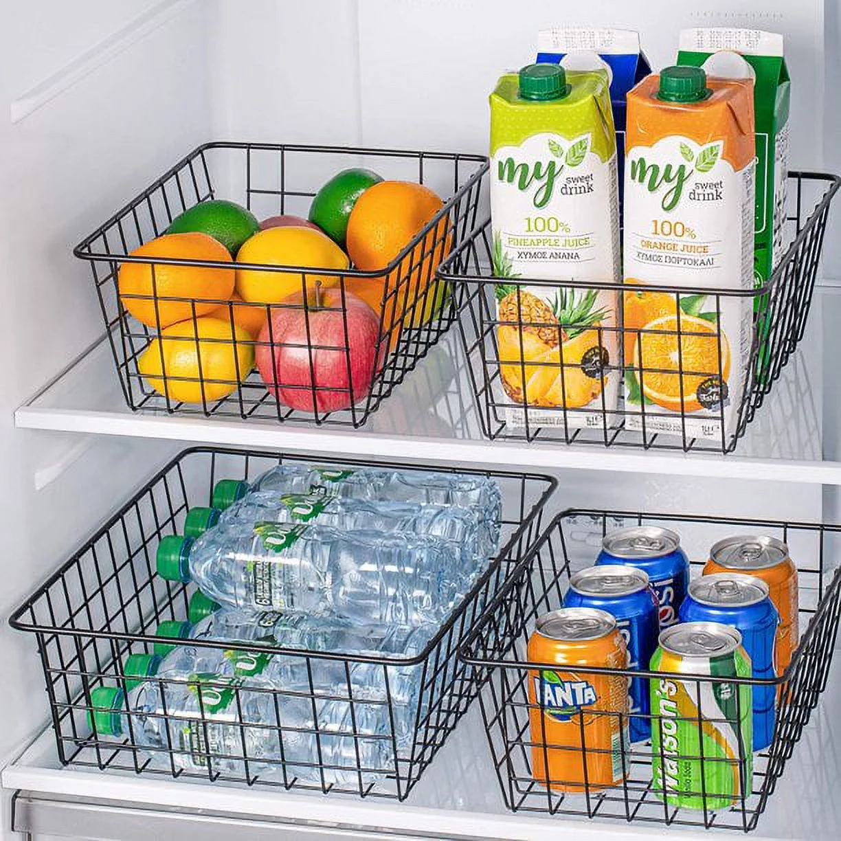 Wire Storage Baskets for Organizing, 4 Pack Metal Wire Freezer Organizer Bins with Handles, Large Pantry Baskets for Kitchen Cabinets, Bathroom, Laundry, Garage, Black