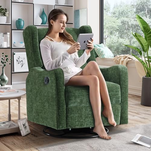 360° Swivel Glider Recliner, Soft Chenille Mid Century Modern Upholstered Ergonomic Rocker Comfy Wingback Accent with Curved Arm Sillas Reclining Chair Living Room Bedroom Lounge Reading Nursery Green