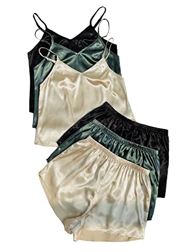 GORGLITTER Women's 3 Sets Silk Pajama Set Sleeveless V Neck Crop Cami Top and Shorts Satin Pjs Sleepwear Sets