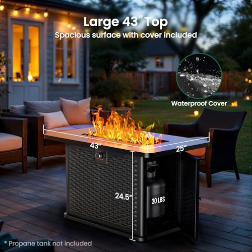 Ciays 43-Inch Rectangular Propane Fire Pit with 60,000 BTU Output, Gas with Cover and Rocks, Table CSA-Certified 2 in 1Table Gatherings Parties with 304 Stainless Steel H-Burner