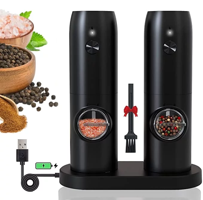 LEZZYRUCK Electric Salt and Pepper Grinder Set of 2,Automatic Pepper Mill,USB Rechargeable,Adjustable Coarseness,Auto Grinders with Charging Base LED Light