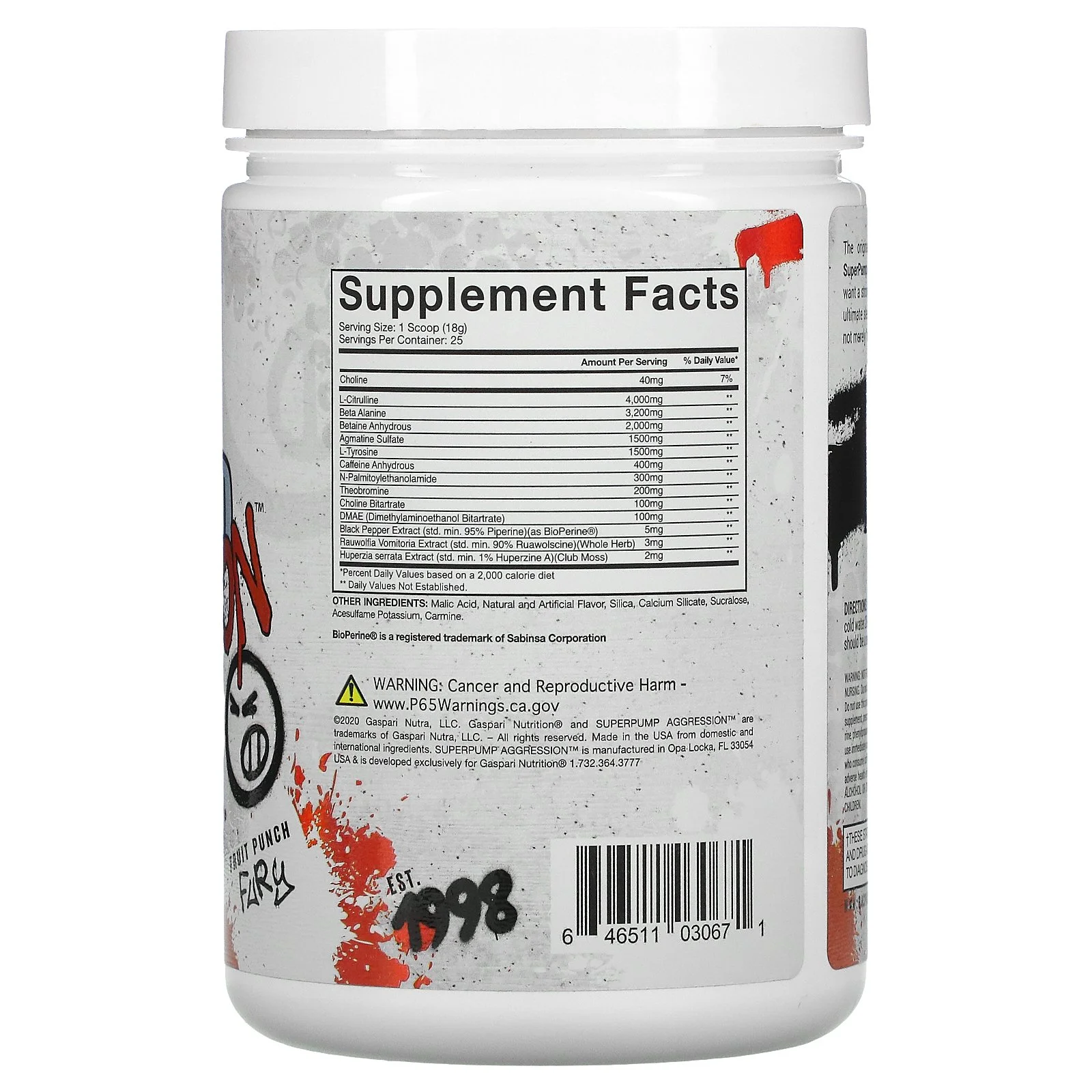 Gaspari Nutrition SuperPump Aggression Pre-Workout, Fruit Punch Fury, 450 g