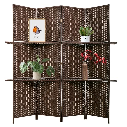 PayLessHere Room Divider 4 Panel Room Screen Divider Wooden Screen Folding Portable Partition Screen Wood with Removable Storage Shelves Color, Brown