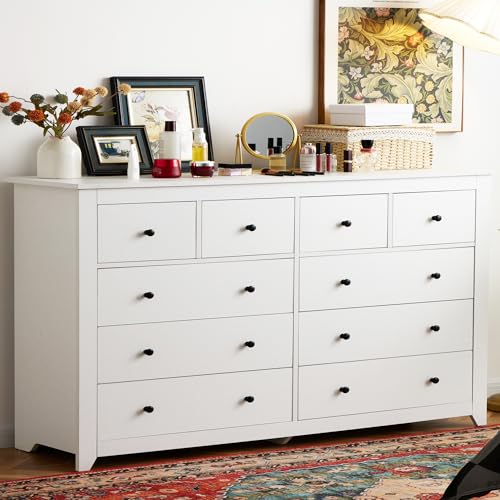EnHomee 10 Drawer Dresser for Bedroom, Wide Chest of Drawers, Large Wooden Storage Dresser for Bedroom, Closet, Hallway，White