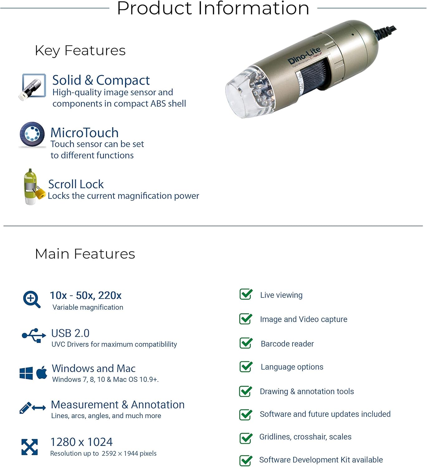 Dino-Lite USB Digital Microscope AM4113T - 1.3MP, 10x - 50x, 220x Optical Magnification, Measurement