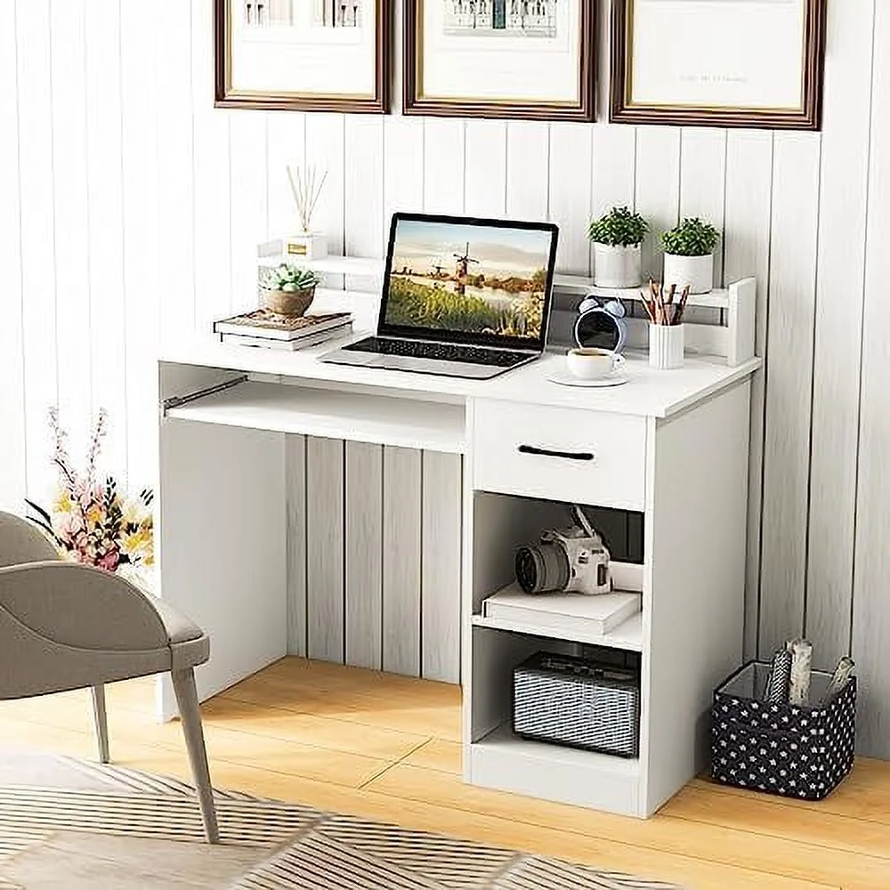 HJZBNONE White Computer Desk  Home Office Desk with Large Drawers  Hutch  Keyboard Tray  5-Position Adjustable Open Shelves  Easy Assembly  Writing Desk for Bedroom  Small Space  Living R