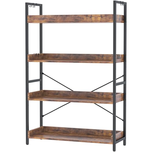 HCHQHS Adjustable 6 Tier Open Bookcase, Rustic Farmhouse Book Shelves, Industrial Wood and Black Metal Bookshelves, Mid Century Bookcase for Home Office Living Room Bedroom
