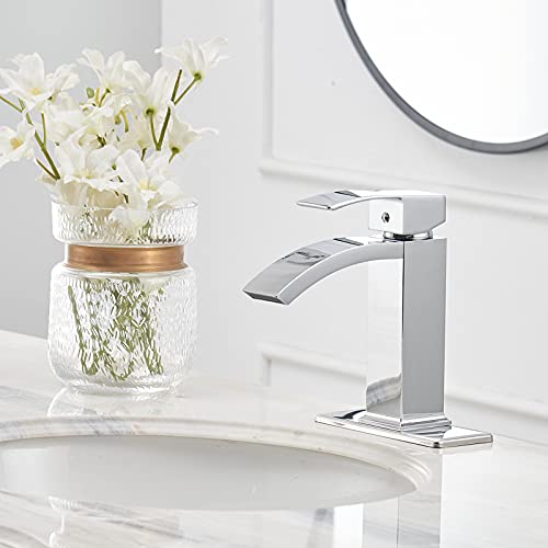 Brushed Nickel Vessel Sink Faucet, Waterfall Bathroom Faucets, Tall Spout Single Handle Single Hole Bathroom Faucets with Pop Up Drain and Without Overflow Basin Faucet Supply Line