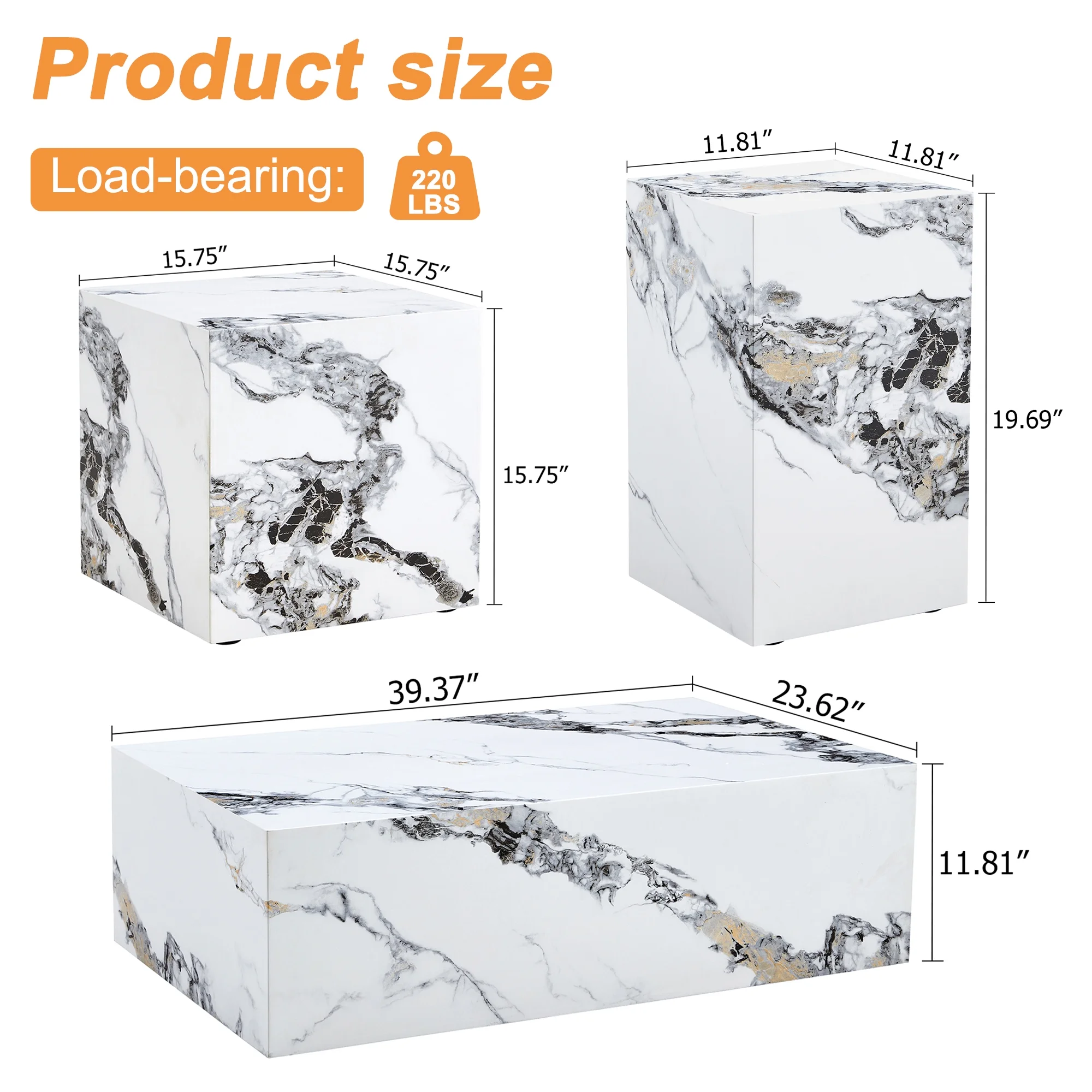 Sudica Coffee Table Set of 3, Modern Cube End Table 3-Piece with Faux Marble Top Center Table for Living Room