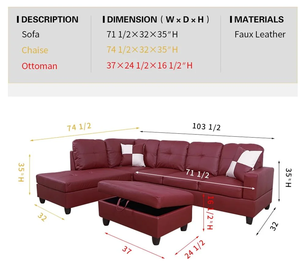 Lifestyle Furniture LF094B Urbania Right Hand Facing Sectional Sofa- Red - 35 x 103.5 x 74.5 in.